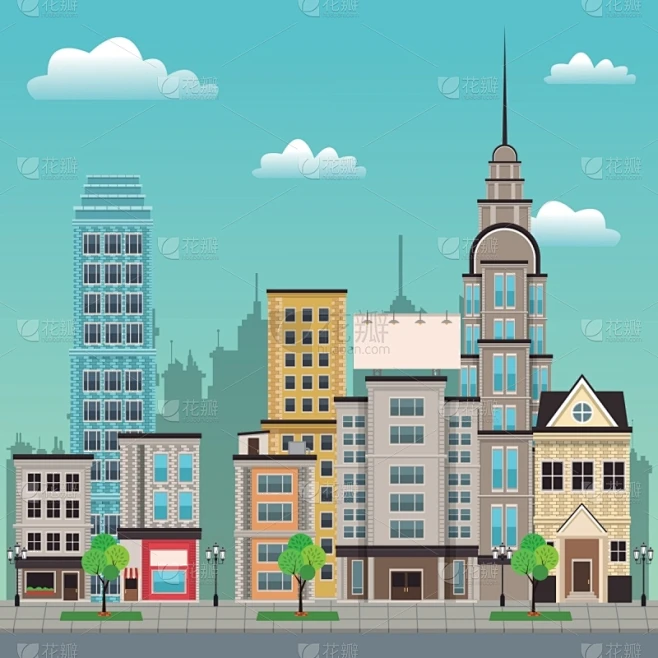 建筑外部,市区路,商务,自然,房屋,城镇,图像,矢量,树,设计素材-花瓣网