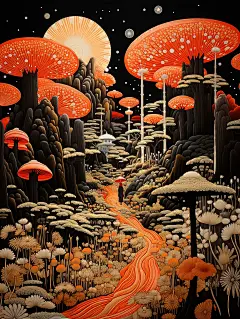 富有想象力的奇幻风景插画海报金黄色蘑菇