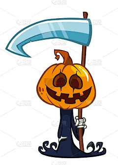 死神南瓜头卡通人物与镰刀。万圣节杰克灯插图设计的派对邀请或海报。向量稻草人
