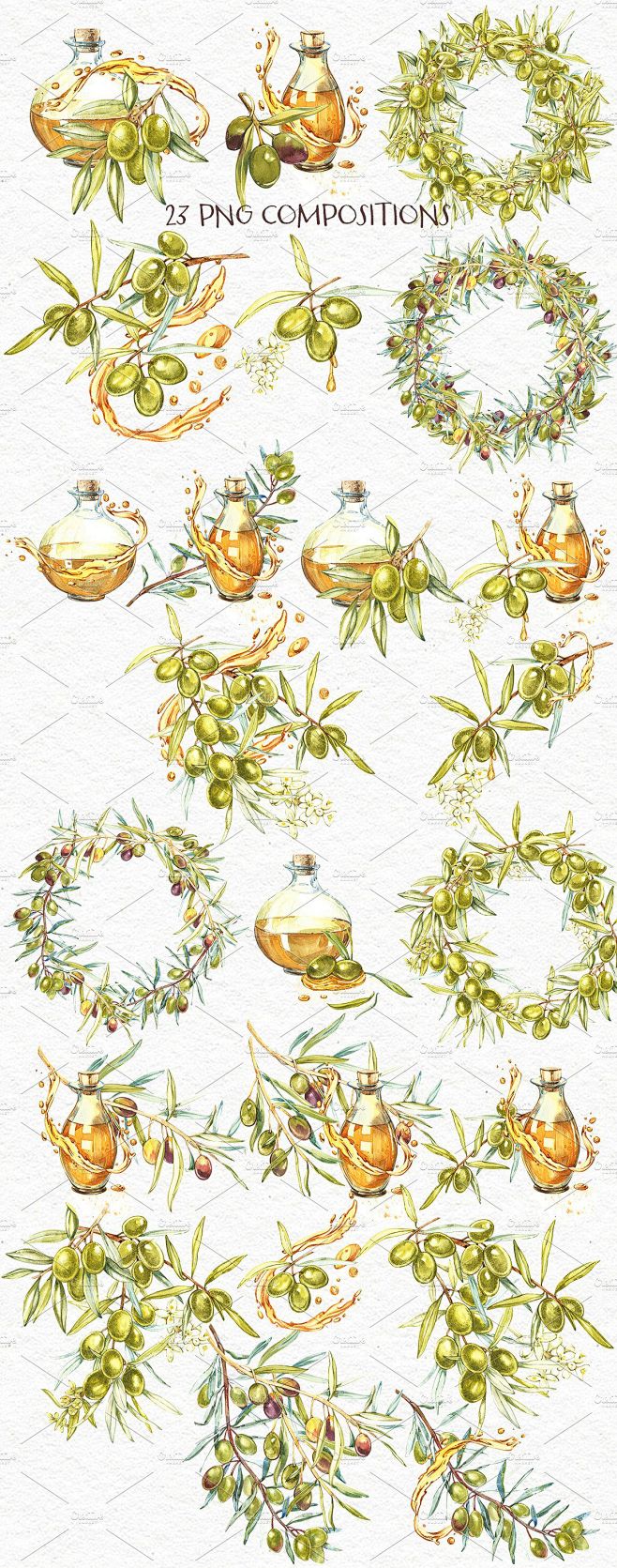 手绘水彩橄榄树枝叶果实装饰类花环边框背景...