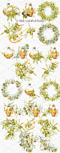 手绘水彩橄榄树枝叶果实装饰类花环边框背景油瓶PNG免抠设计素材