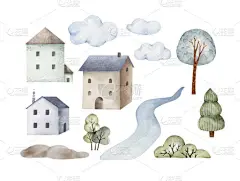 水彩画集自然图解,配有房屋和云彩.这是给孩子们的房间设计和明信片的图解，是手绘的