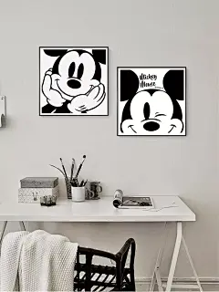 简约卡通米奇装饰画黑白风客厅卧室桌面摆台画米老鼠卧室床头挂画-tmall.com天猫