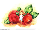 手绘靠着红色西红柿的小女孩