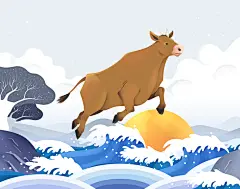 海浪简约高端大气手绘蓝色新年插画