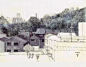 淡彩小镇插画 铅笔淡彩城市街景画 有点色彩的小城铅笔画