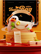 This may contain: a toy duck sitting on top of a pile of luggage in front of a movie poster