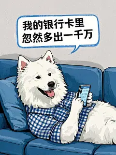 生成一个表情包图片:一个拟人萨摩耶，穿着格子衬衫、躺在沙发上，手里拿着手机，惊讶的表情，极简，干净的背景，上面一行文字写着“我的银行卡里忽然多出一千万”