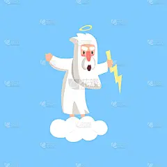 愤怒的神站在蓬松的白云上，头上带着光环，手里握着闪电。平面矢量孤立在蓝色背景
