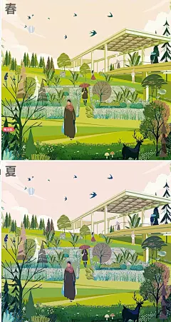 2023ps插画风效果图PS分层素材小清新景观春夏秋冬效果图PSD素材