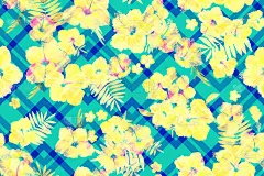 色彩斑斓的热带花卉水彩画木槿和棕榈叶曲线形的几何背景。蓝白彩色图纸手工绘制