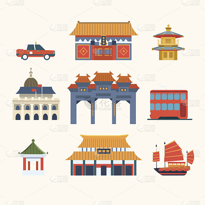 传统中国建筑，香港旅游元素。矢量插图集