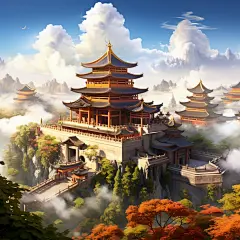 古风建筑人物山水树木素材图片