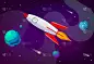 卡通矢量插图星系与火箭。向量背景星系