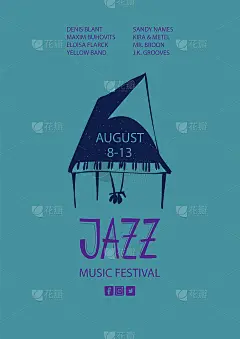 彩色爵士海报与卡通钢琴。