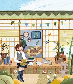 《绿意》系列插画作品，作者可爱的画风描绘出清新治愈的画面，作品配色以绿色为主色，蓝色为辅色，整体营造出一种清新温和的氛围。让人不禁联想美好的故事～丨投稿插画师@宋妍插画 

#国创动漫插推荐计划##插画分享# ​​​​