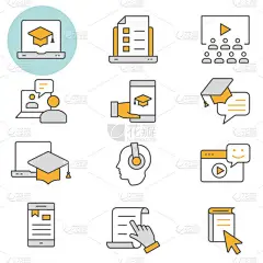 电子学习远程教育平行线图标。集教育、网络研讨会、距离、学生、培训等。可编辑的笔划。更改为任何尺寸和任