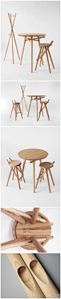 这套木材家具来自家居设计师Matej Chabera，包括一个衣帽架，一张桌子和两个吧台凳。大方自然的造型和清晰可见的木纹能让人们放松下来。形式上的出挑设计可以悬挂和放置人们多余的物件，而且自行组装的特点不光方便运输，其考究漂亮的插接方式也让人赞不绝口。