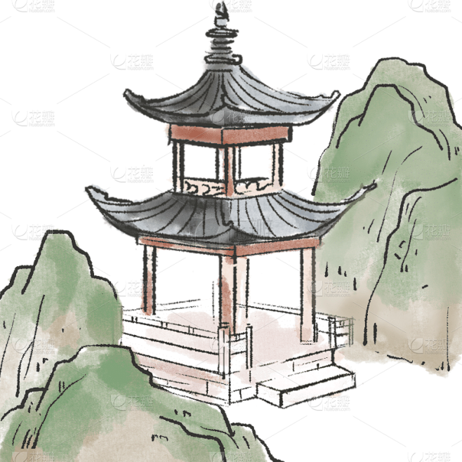 手绘-中国风水墨风建筑贴纸