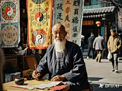 算命老头，街边，卦旗、道士，八卦图 (1)
