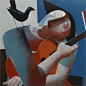 Clown with Guitar and Bird, 80 x 80 cm (sold)