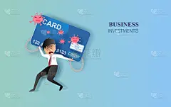 股票市场和交易所数据概念。卡通人物商人携带信用卡。2019冠状病毒病的影响效应。世界卫生组织。商业银