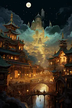 古典古风古韵金线城市建筑插画