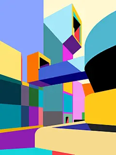 这可能包含：一幅以多色方块和形状为背景的抽象画，包括一栋建筑