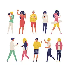 扁平风青年男女全身人物  - 源文件下载【酷图网】扁平风,青年,男,女,全身,人物形象,户外,运动,时尚,逛街,打电话,玩手机,打招呼,手提包,插画,插画人物