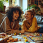 In the warmth of a sunlit room, two friends enjoy a lively boardgame together. Their laughter and smiles fill the space, creating an atmosphere of friendship and fun. Surrounding them are snacks and game pieces, evidence of a relaxing afternoon spent in g