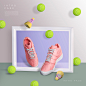 粉色运动鞋 网球 羽毛球 相框 绿灰两色背景 运动系海报设计 平面设计 海报