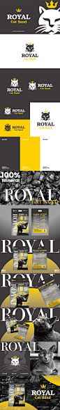 ROYAL CAT SAND哥伦比亚膨润土猫砂包装设计
（原创已落地/公司项目） 
类别：LOGO设计/宠物包装设计
坐标：Columbia
设计理念：标志灵感来源于客户家养的猫，提取猫咪脸部特征，以品牌名“ROYAL CAT SAND皇家猫砂”作为延伸，视觉上添加国王王冠设计，体现皇家的概念，能一眼识别记忆。 包装主要用于哥伦比亚国际出口线下销售，文字均采用西班牙语。侧边四种口味用于区分猫砂的不同香气；配色采用黑金设计风格搭配，蓝猫眼睛里透出金色光芒再加时尚感的衬线英文品牌字；象征勾起消费者的强烈购买欲
