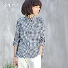 OPT2014秋装新款衬衫 文艺休闲圆领棉质蝙蝠长袖格子衬衣女Y001