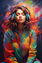 colorful portrait of a person listening to music while wearing headphones
