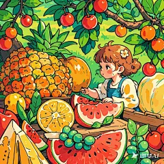水果场景插画矢量，有小孩子 (1)
