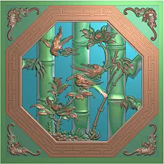 八角竹鸟窗竹鸟窗90-90精雕图 灰度图 博古古建寺庙雕刻扫描图