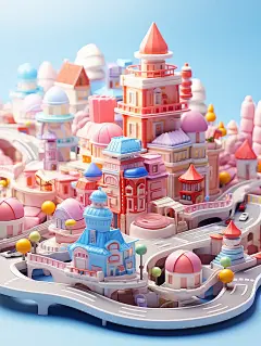 微型城市现代建筑动画片粘土材料3D渲染海报