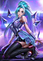 General 905x1280 Liang-Xing drawing League of Legends women Seraphine Seraphine (League of Legends) blue hair ponytail long hair dress thigh-highs platform high heels crystal  blue eyes