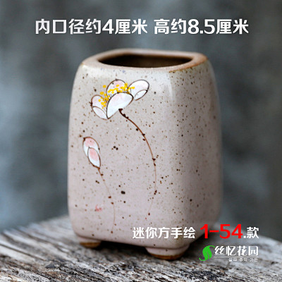 迷你多肉植物花盆花器粗陶手绘小方盆陶瓷马...