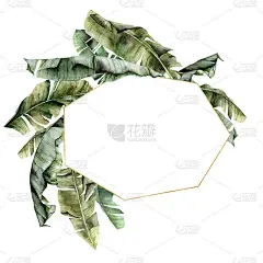 水彩热带花束与金色框架和香蕉叶。在白色背景上有孤立树枝的手绘卡片。花卉丛林插图设计，打印或背景。