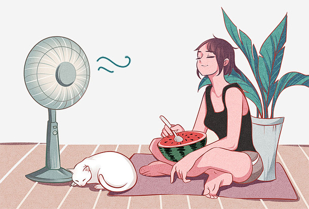 夏季吹风扇吃西瓜的女孩高清素材 吃西瓜 ...