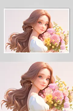 AI数字艺术春季捧花女孩人物模型-众图网