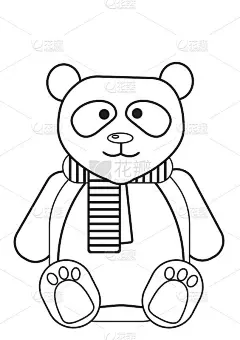 一只有趣的熊猫坐在一条带条纹的暖和围巾里。