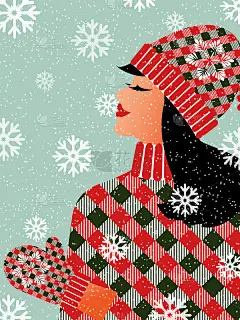 一位美丽时尚的女士戴着温暖的帽子、毛衣和格子手套，在雪花和冬季假期中欢庆。现代贺卡圣诞快乐，新年快乐