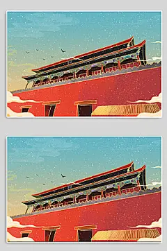 卡通北京故宫午门地标建筑手绘插画