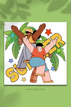 线描漫画风炎热夏季人物插画元素