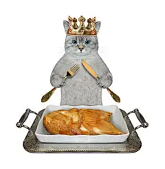 点击来源直接获取大图文件 |An ashen cat in a golden crown with a knife and a fork eats a grilled chicken on a square metal tray. White background. Isolated.