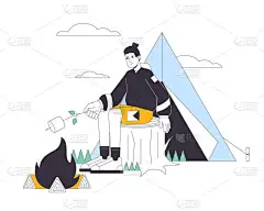 帐篷露营与烤棉花糖扁平线矢量点画。男性徒步旅行者2D卡通人物在白色上为网页用户界面设计.可编辑的森林