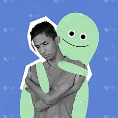 当代艺术拼贴。有个人问题的悲伤男人和可爱的卡通小男人，在明亮的背景上涂抹。