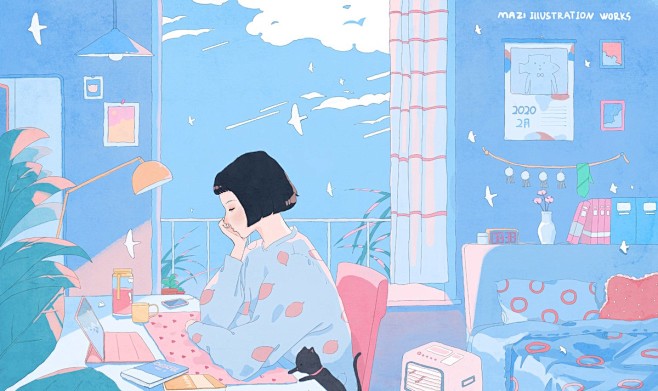 蓝色的天空_麻籽-__插画师作品_涂鸦王...